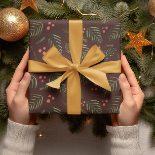 Feuille De Papier Cadeau Branches et baies d'arbres de Noël - brun&vert