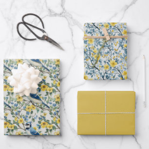 Feuille De Papier Cadeau Branches et fleurs d'oiseaux Blue Jays