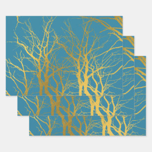 Feuille De Papier Cadeau Branches Gold Tree Motif Arrière - plan bleu