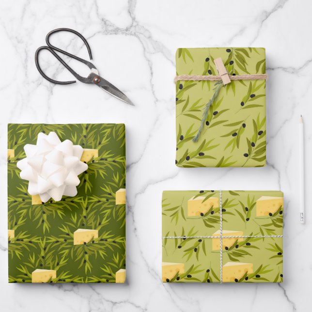 Feuille De Papier Cadeau Branches Plantes d'olive Motif vert (Recto)