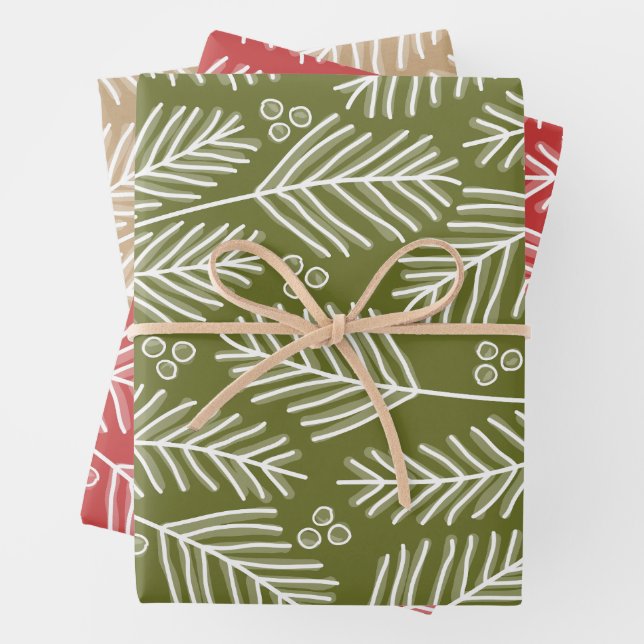Feuille De Papier Cadeau Branches vertes Merry Calligraphie Rouge kraft (En situation)