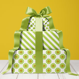 Feuille De Papier Cadeau Bright Green Daisy Floral Stripes Polka Dot 