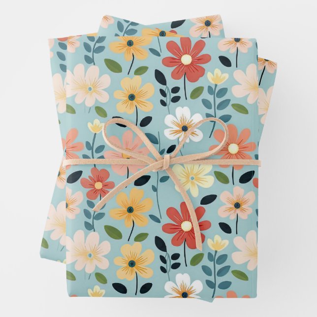 Feuille De Papier Cadeau Bright Hand Drawn Wildflower Meadow (En situation)