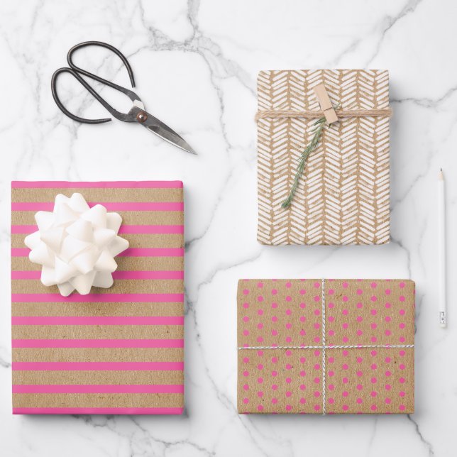 Feuille De Papier Cadeau Bright Hot Summer Pink Strips Faux Brown Kraft (Recto)