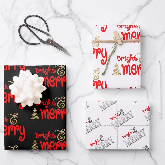 Feuille De Papier Cadeau Bright Merry Typographie Rouge Black Gold Noël (Recto)