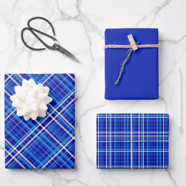 Feuille De Papier Cadeau Bright Shades of Blue & White Plaid (Recto)