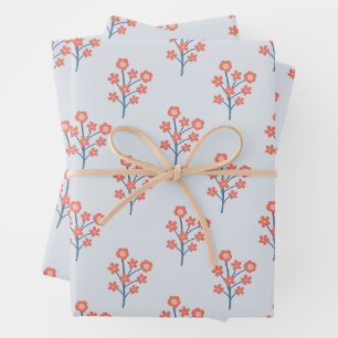 Feuille De Papier Cadeau Brins de Fleur de Corail sur Motif Bleu Brumeux