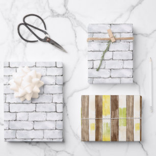 Feuille De Papier Cadeau Briques blanches rayures marron citron jaune vert