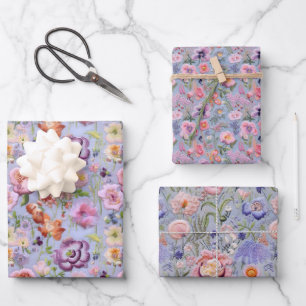 Feuille De Papier Cadeau Broderie Florale Violette