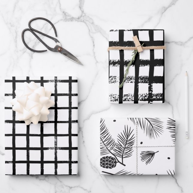 Feuille De Papier Cadeau Brosse noire et blanche moderne Enveloppement de N (Recto)