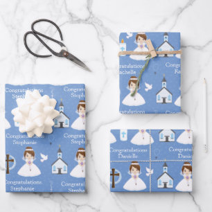 Feuille De Papier Cadeau Brunette Première Fille Communion
