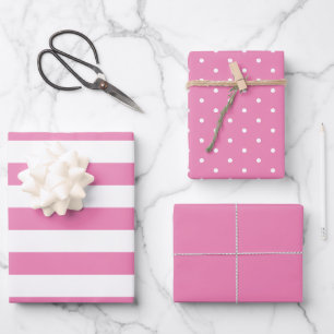 Feuille De Papier Cadeau Bubblegum Pink Polka Point Large rayé et solide