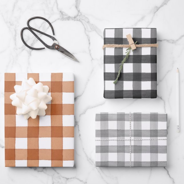 Feuille De Papier Cadeau Buffalo Plaid Black, Burange et Grey En vichy (Recto)