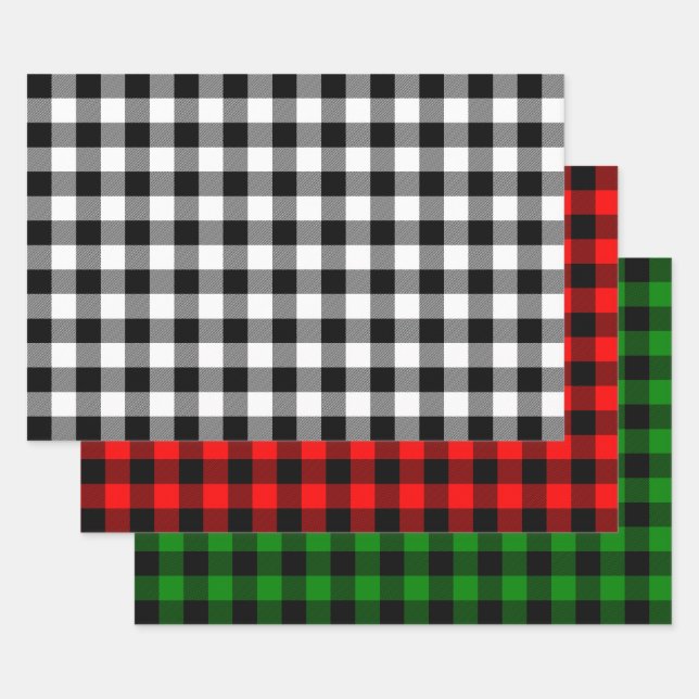 Feuille De Papier Cadeau Buffalo plaqué noir et blanc, rouge et vert (Lot)