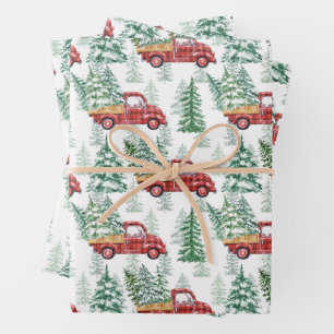 Feuille De Papier Cadeau Buffle à carreaux aquarelle camion vintage Noël