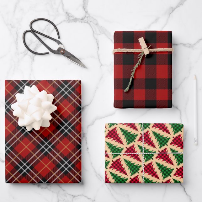 Feuille De Papier Cadeau Buffle de Noël rustique / Motif de plaid Tartan (Recto)