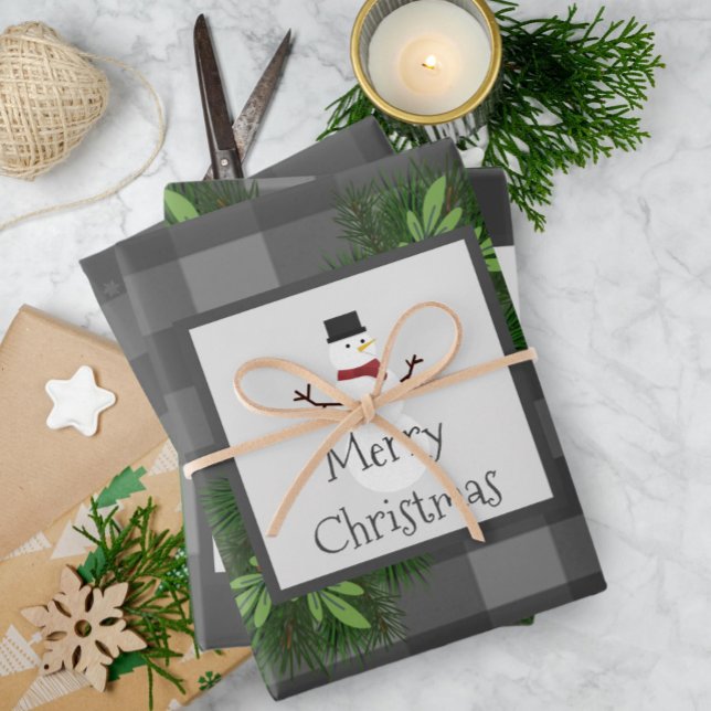 Feuille De Papier Cadeau Buffle gris de neige planté | Gray (Gray Snowman Buffalo Plaid Wrapping Paper Sheets)