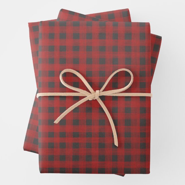 Feuille De Papier Cadeau Buffle rouge et gris plaid (En situation)