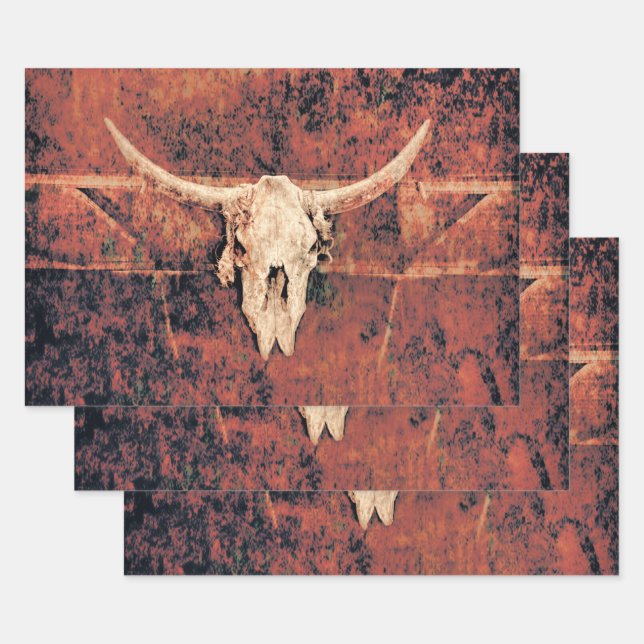 Feuille De Papier Cadeau Bull Skull Western Pays Brown Black Rustic Art (Lot)