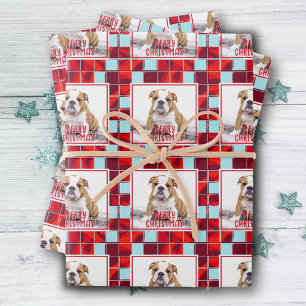 Feuille De Papier Cadeau Bulldog à carreaux rouges Photo Joyeux Noël 