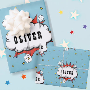Feuille De Papier Cadeau Bulle de bande dessinée de super-héros Nom de garç