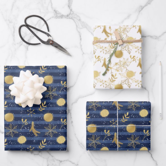 Feuille De Papier Cadeau Bulles Abstraites Gold Snowflake Holiday Blue (Recto)