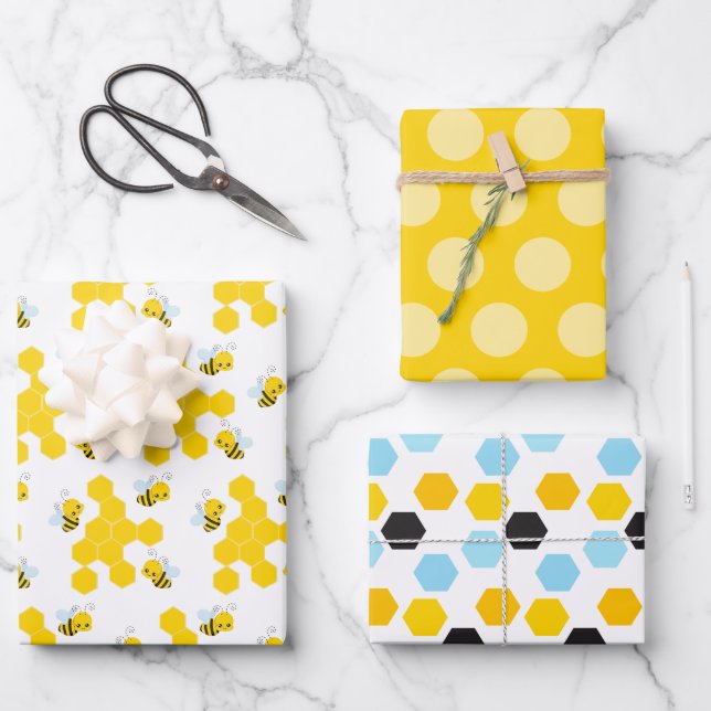 Feuille De Papier Cadeau Bumble Bee Honeycomb, Doses et Stripes Motifs (Recto)