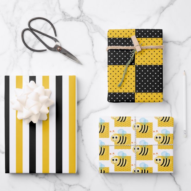 Feuille De Papier Cadeau Bumble Bee, Peigne de miel, Rayures & Points (Recto)