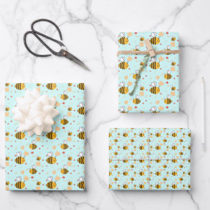 Feuille De Papier Cadeau Bumblebee mignonne et fleurs