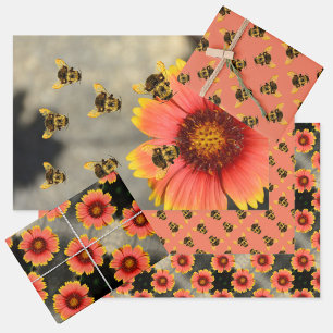 Feuille De Papier Cadeau Bumblebees et Gaillardia Fleurs Orange