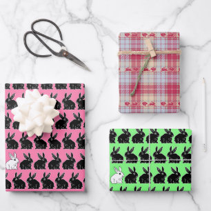 Feuille De Papier Cadeau Bunnies de Pâques noir et blanc sur rose et vert