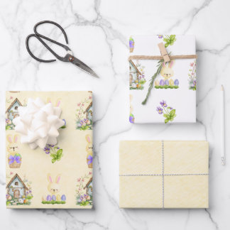 Feuille De Papier Cadeau Bunnies Jaunes à la maison avec Oeufs de Pâques