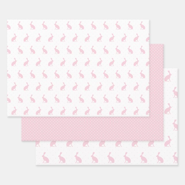 Feuille De Papier Cadeau Bunnies Roses et Blanches avec Motif Mini Dots. (Lot)