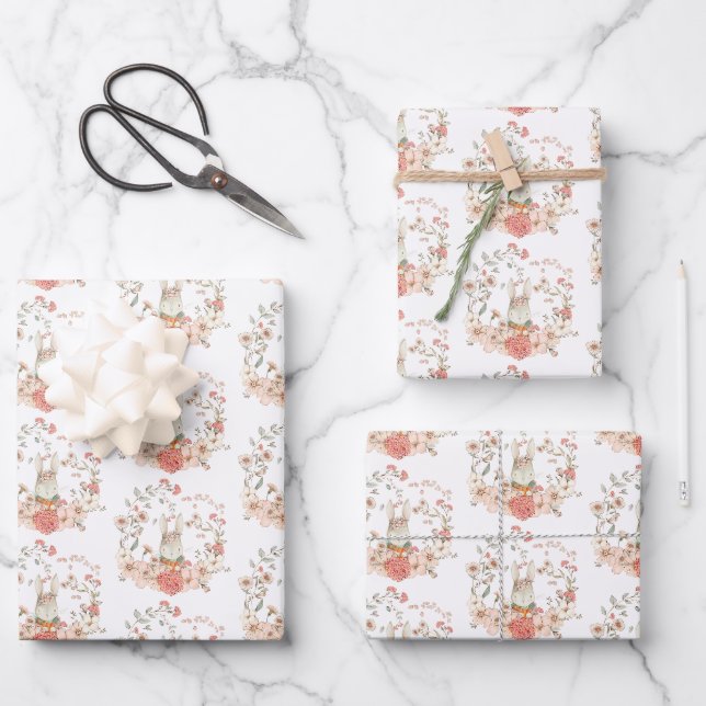 Feuille De Papier Cadeau Bunny Foliage Florals Motif Baby Girl (Recto)