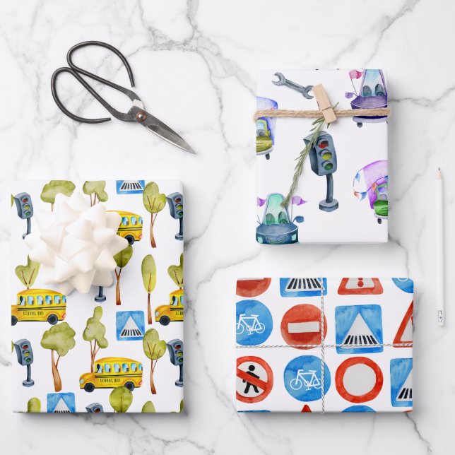 Feuille De Papier Cadeau Bus scolaire de la construction routière (Recto)