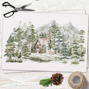 Feuille De Papier Cadeau Cabane aquarelle dans la forêt de pins verts boisé