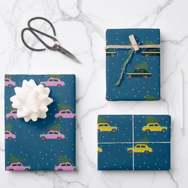 Feuille De Papier Cadeau Cabine d'hiver Taxi Fir Tree Motif Bleu Noël (Recto)
