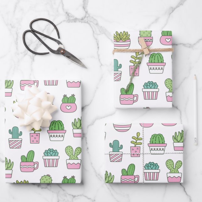 Feuille De Papier Cadeau Cacti Succulents Plantes Doodles Motif  (Recto)