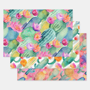 Feuille De Papier Cadeau Cactus Art Combo Vert Blanc Rose Désert Sud-ouest