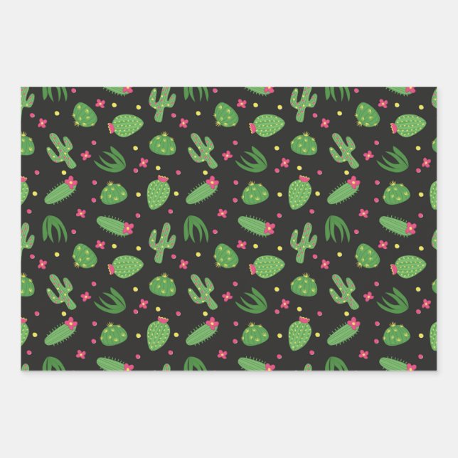 Feuille De Papier Cadeau Cactus de dessin animé avec fleurs sur un arrière  (Devant)