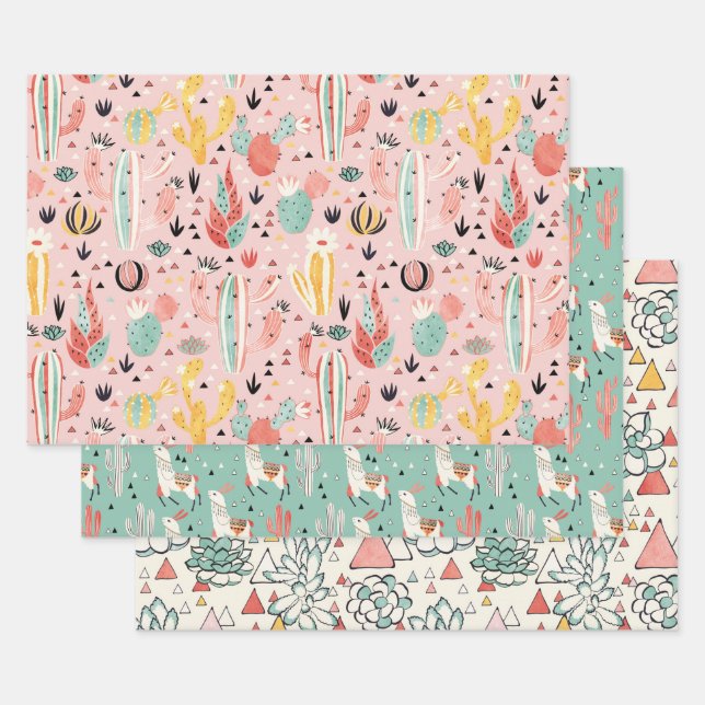 Feuille De Papier Cadeau Cactus et Llama (Lot)
