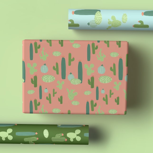 Feuille De Papier Cadeau Cactus mignons en Pêche, Vert, Bleu (Créateur téléchargé)