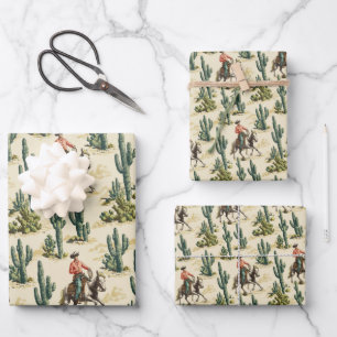 Feuille De Papier Cadeau Cactus Saguaro occidental et cowboy