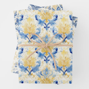 FEUILLE DE PAPIER CADEAU CADEAU BLEU ET JAUNE DOMMASQUE EN COULEUR D'EAU