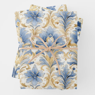 FEUILLE DE PAPIER CADEAU CADEAU BLEU ET JAUNE DOMMASQUE EN COULEUR D'EAU