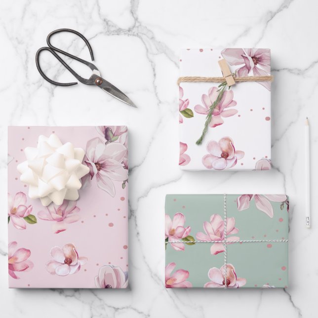 Feuille De Papier Cadeau Cadeau d'aquarelle florale de Magnolia rose pâle (Recto)