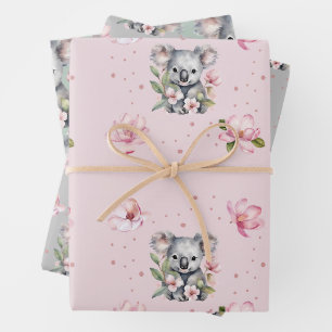 Feuille De Papier Cadeau Cadeau d'aquarelle rose Magnolia Koala Ours