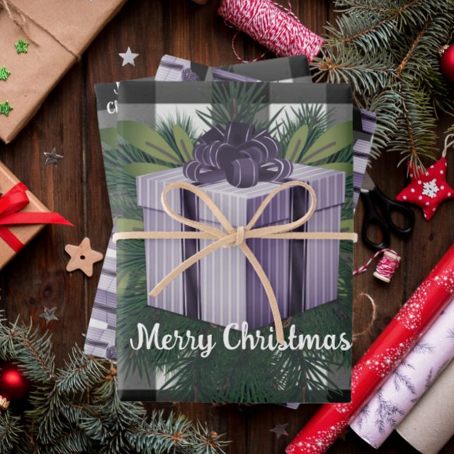 Feuille De Papier Cadeau Cadeau de Noël Plaid Buffalo | Violet (Purple Buffalo Plaid Christmas Gift Wrapping Paper Sheets)