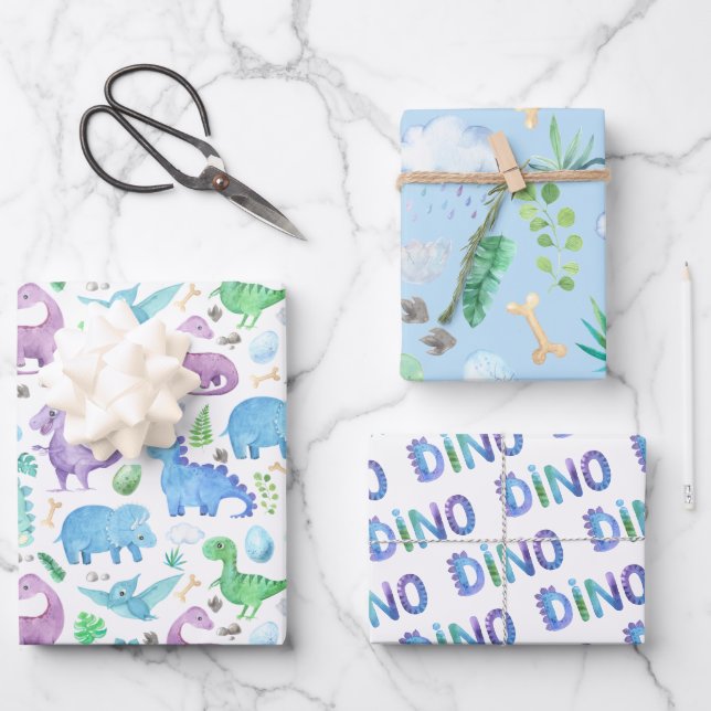 Feuille De Papier Cadeau Cadeau Dinosaure Aquarelle Cute (Recto)