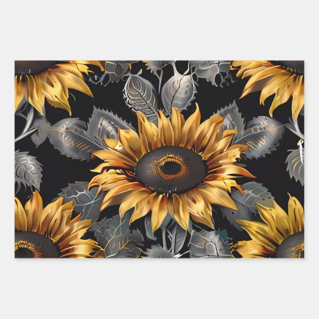 Feuille De Papier Cadeau Cadeau mariage Silver & Gold Sunflower (Devant)